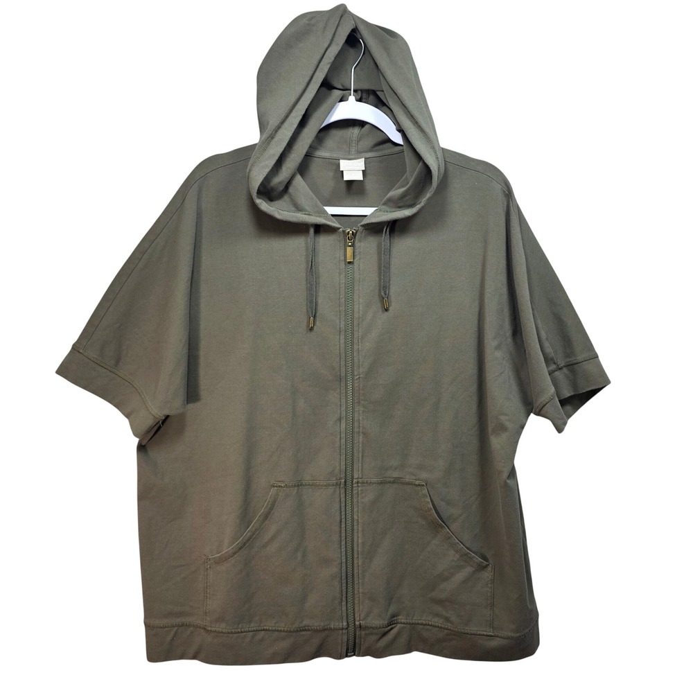 Chicos Zenergy Hoodie Women 3 XL Olive Green Short Sleeve Full Zip Cotton Mature